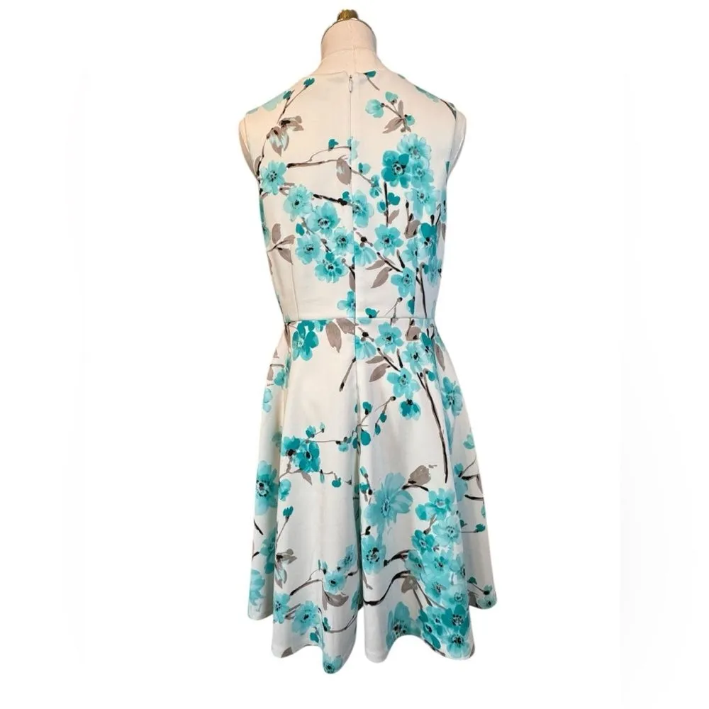 Jessica Howard White Teal Floral Fit Flare Dress 10P - Image 6