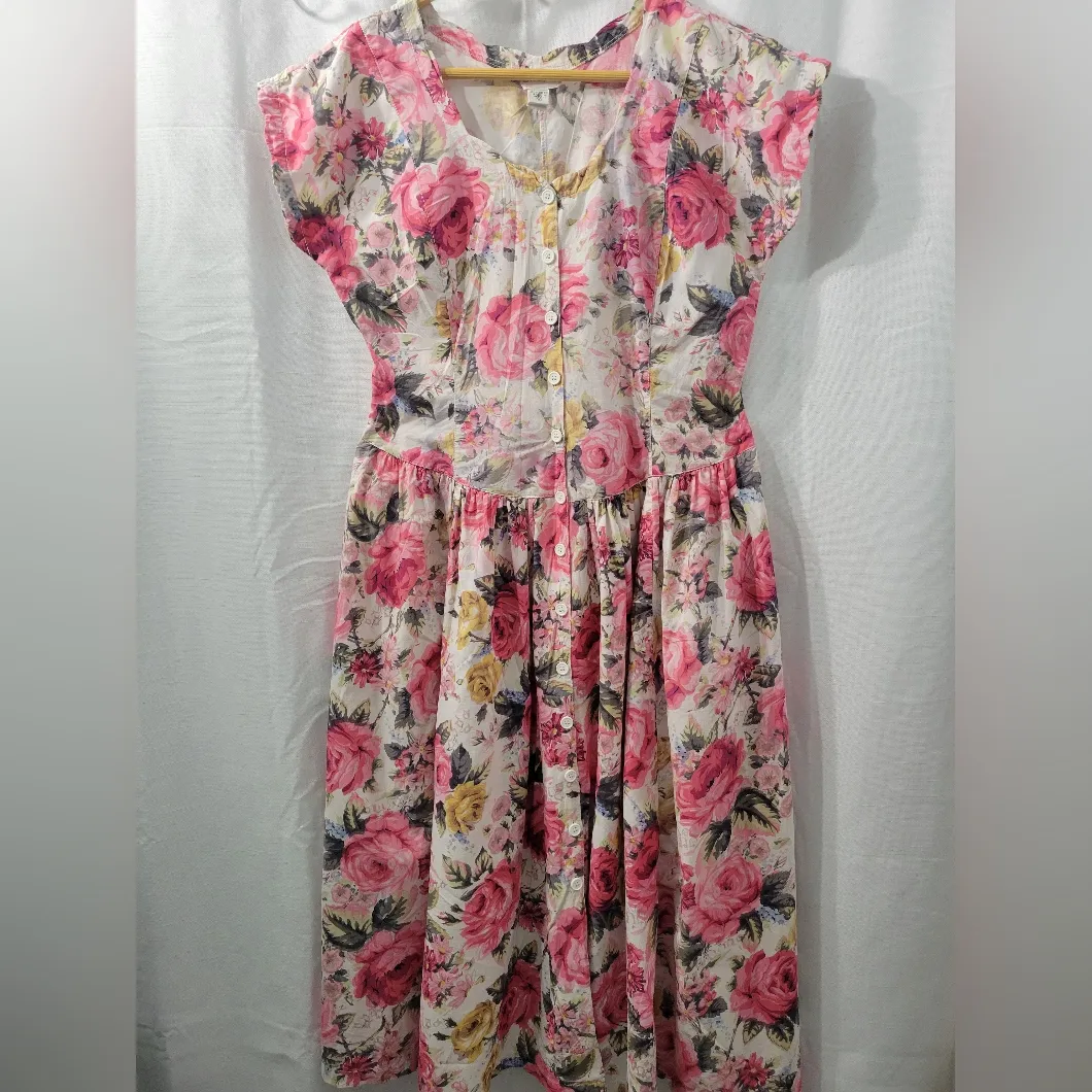 VINTAGE STARINA 80's Floral Pink and Yellow Dress Size M Size M - Image 3