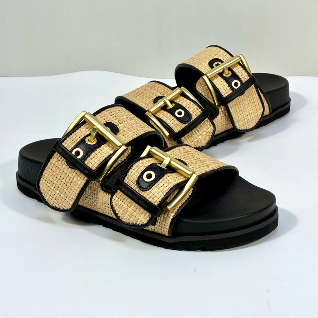 All Saints Sian Raffia Sandals Woven Big Buckle Natural Black 8.5 NEW - Image 2