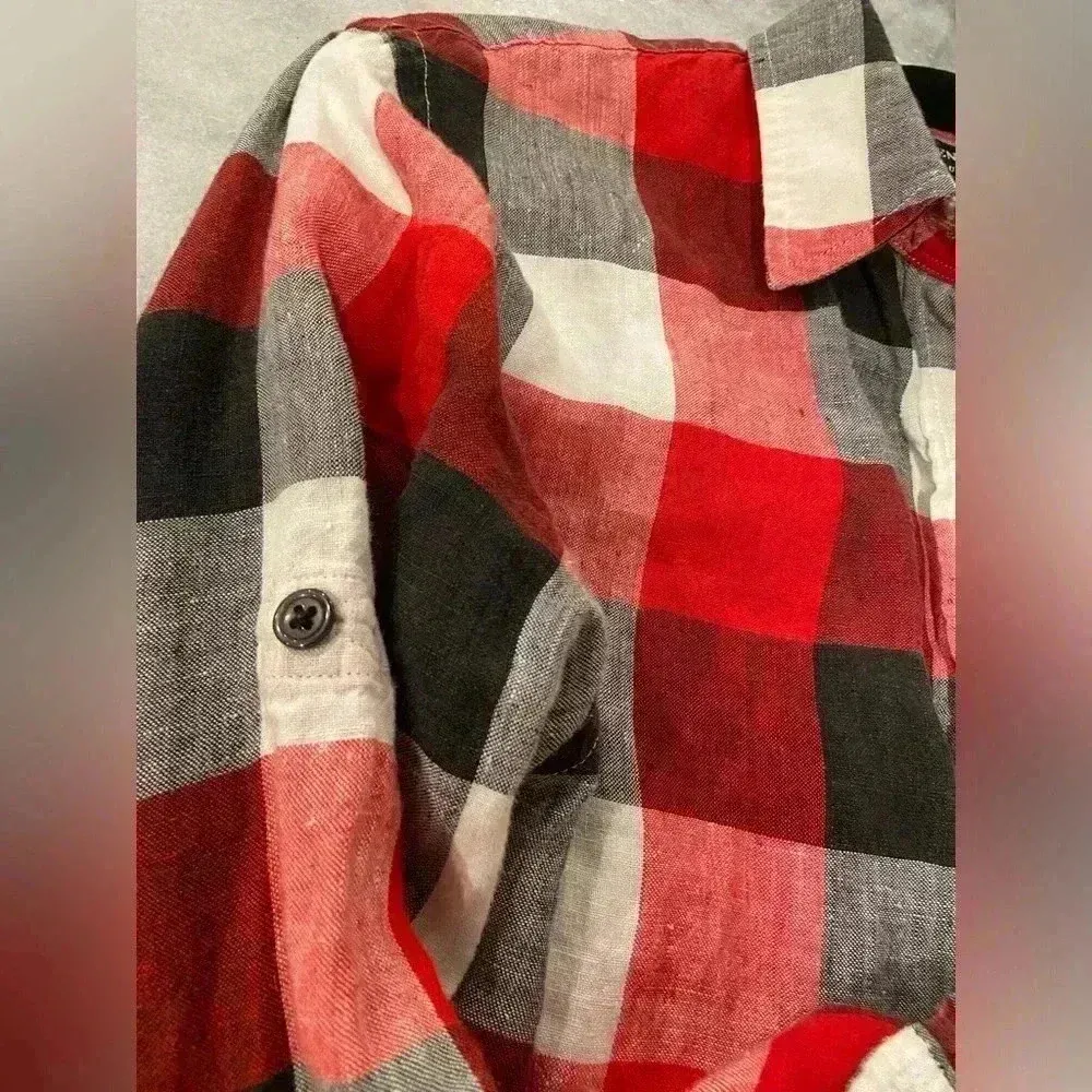 Lauren Ralph Lauren Black Red Plaid 100% Linen Button Down Long Sleeve Size M - Image 9