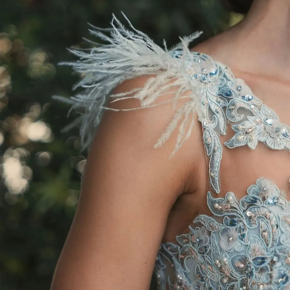 MAC DUGGAL 79264 Blue Embroidered Applique Feathered One Shoulder Trumpet Gown - Image 5