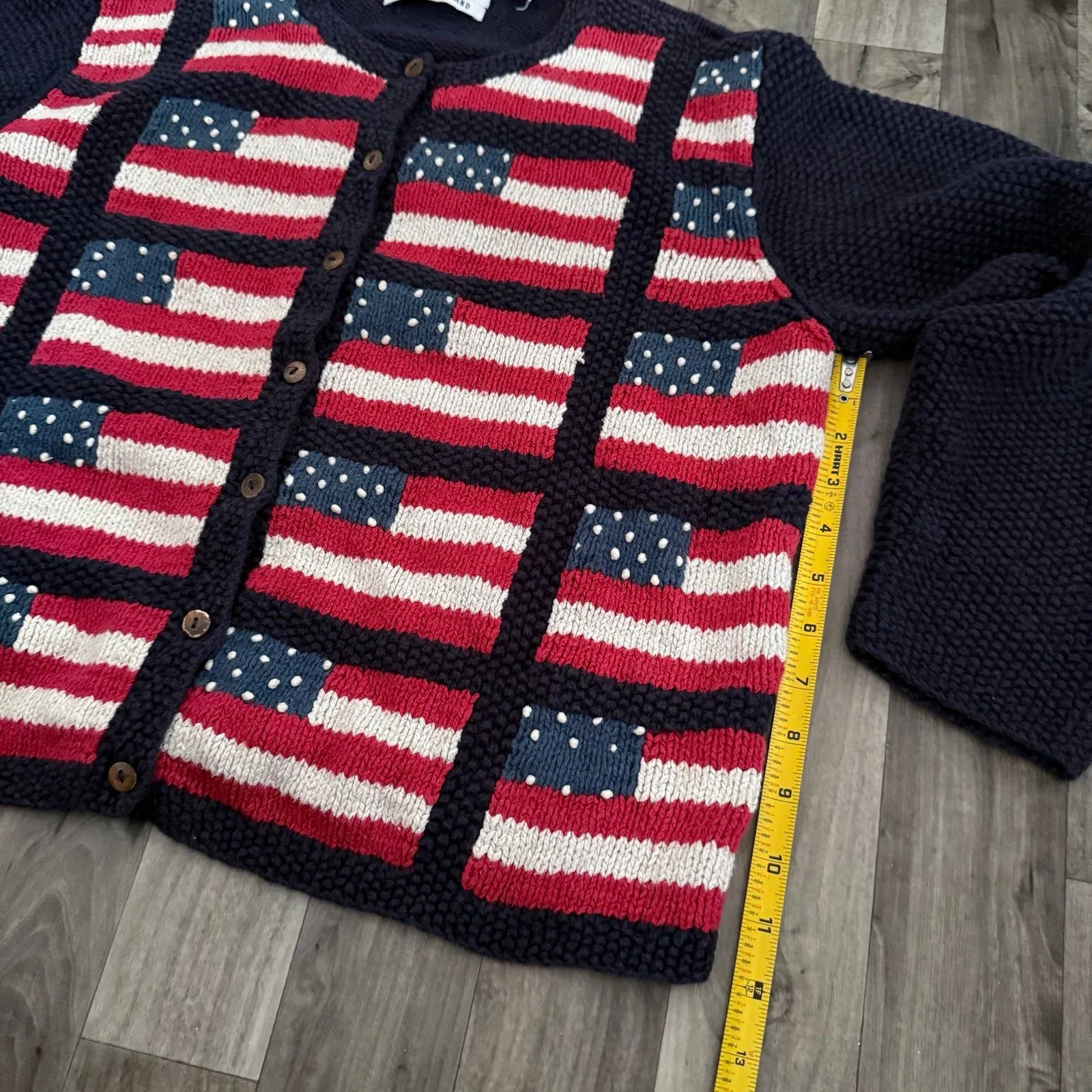 Vintage retro navy blue American flag handknitted sweater cardigan linen cotton Size L - Image 4