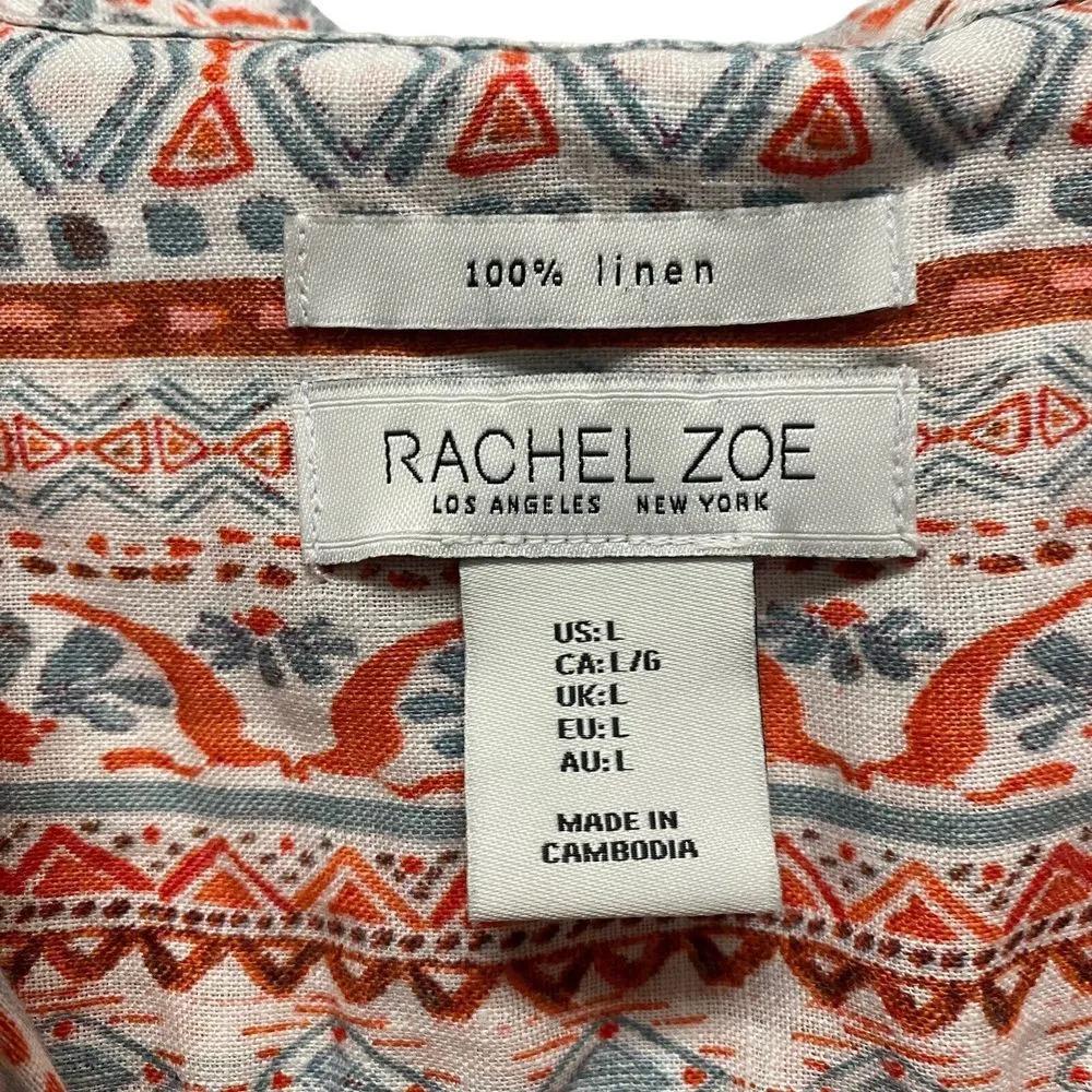 Rachel Zoe Womens Large 100% Linen Short Sleeve Pink Orange Button Shirt Printed - Image 5