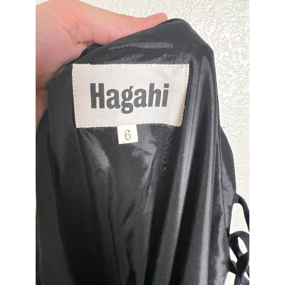 HAGAHI Navy Blue Pleated Floral Print Short Sleeve Asymmetrical Dress Size 6 - Image 10