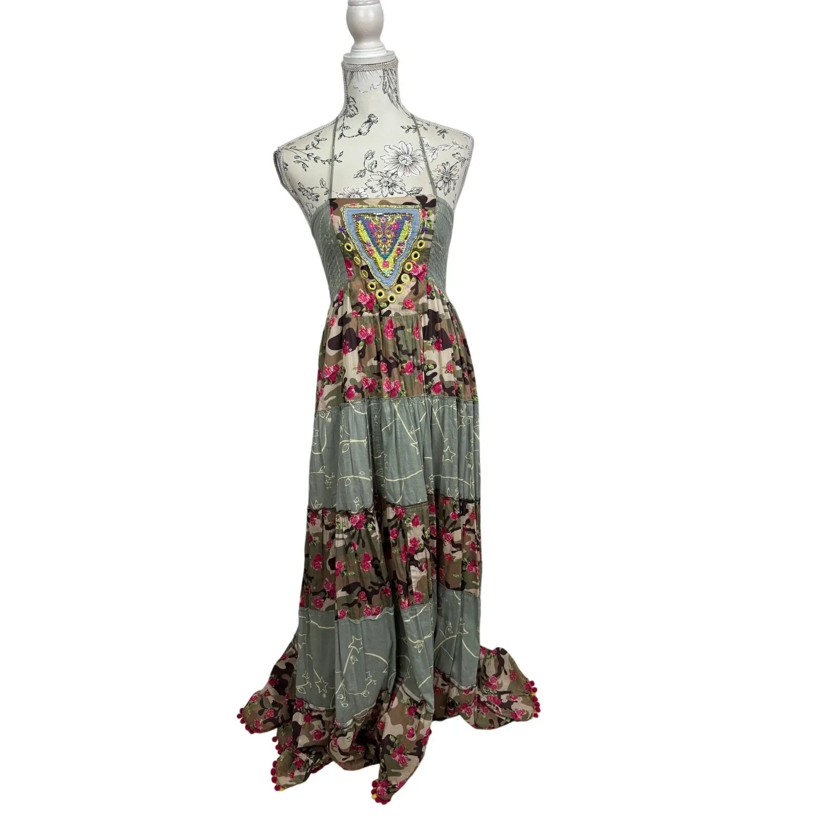 Boston Proper Nomad Camo Tassels Maxi Dress‎ with Pom Poms Size XS - Image 2