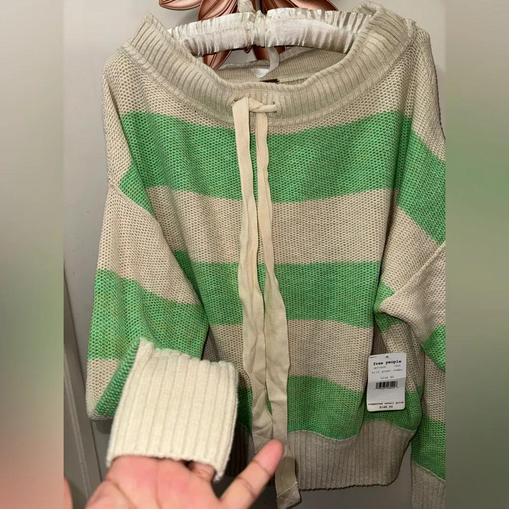 Free People Mint and Cream Striped Crew Neck Sweater - Image 3