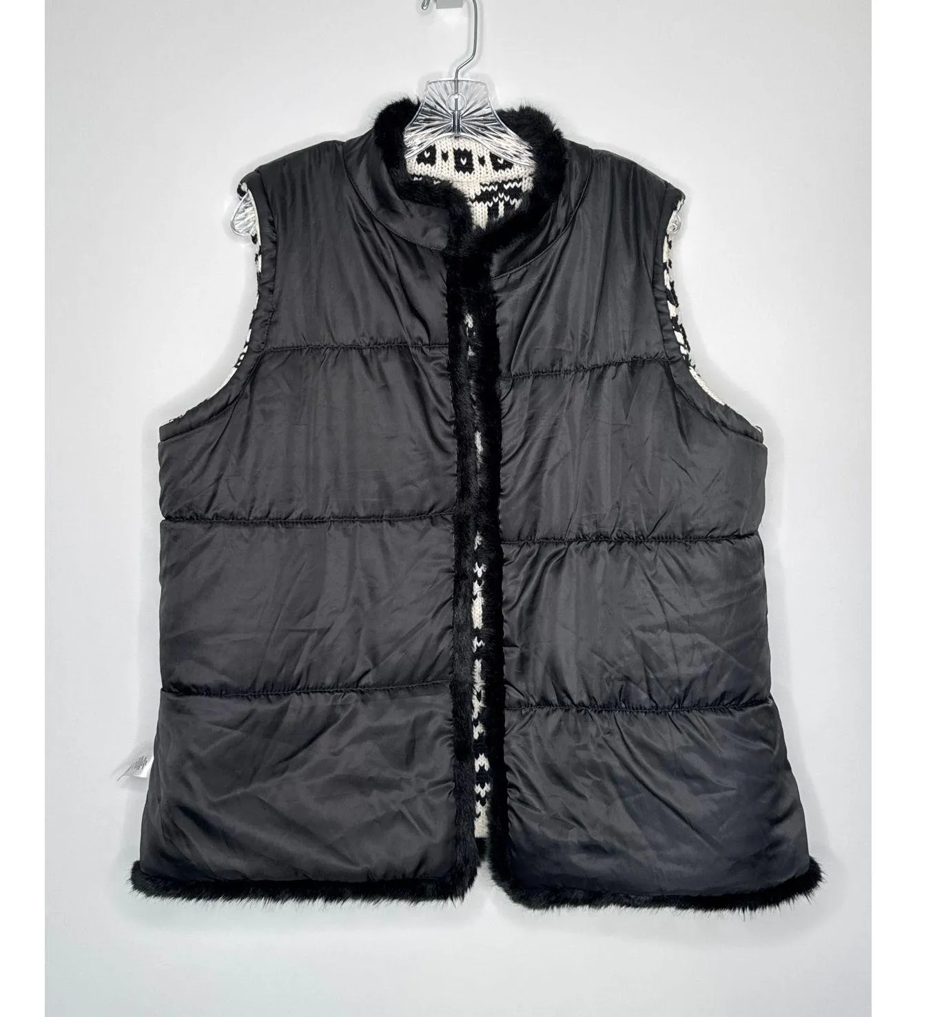 NWT Talbots Black White Knit Faux Fur Trim open front Vest fair Isle 2X - Image 7