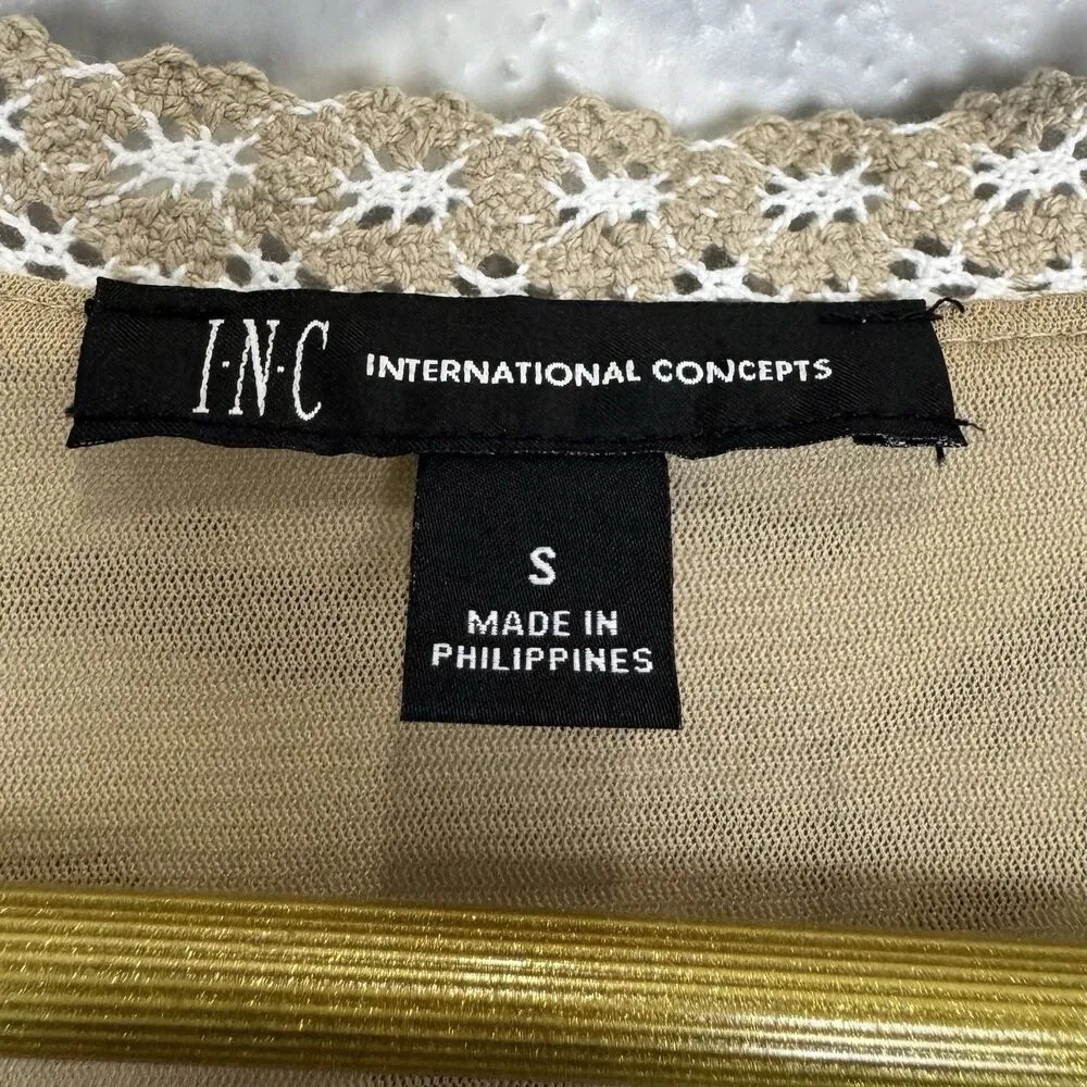 INC Babydoll Tunic Dress Small Beige Flared Sleeve Crochet Fairy Forest Boho Y2K Brown - Image 7