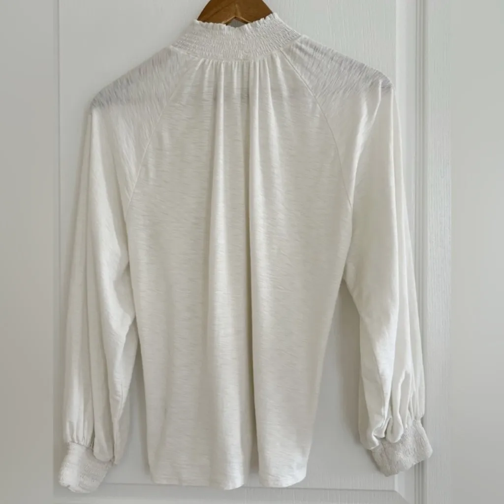 Nation LTD Melanie Smocked Mock Neck Top XS Off White Long Sleeve Pima Cotton - Image 7