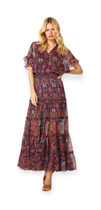 MISA ❀ Para Chiffon Ruffled Top ❀ Talitha Tile Multi Print ❀ Gathered Sleeve ❀ M - Image 1