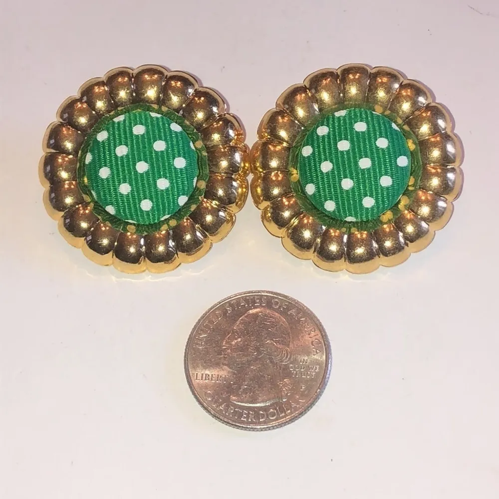 Vintage Gold Tone & Green Polka Dot Clip On Earrings - Image 2