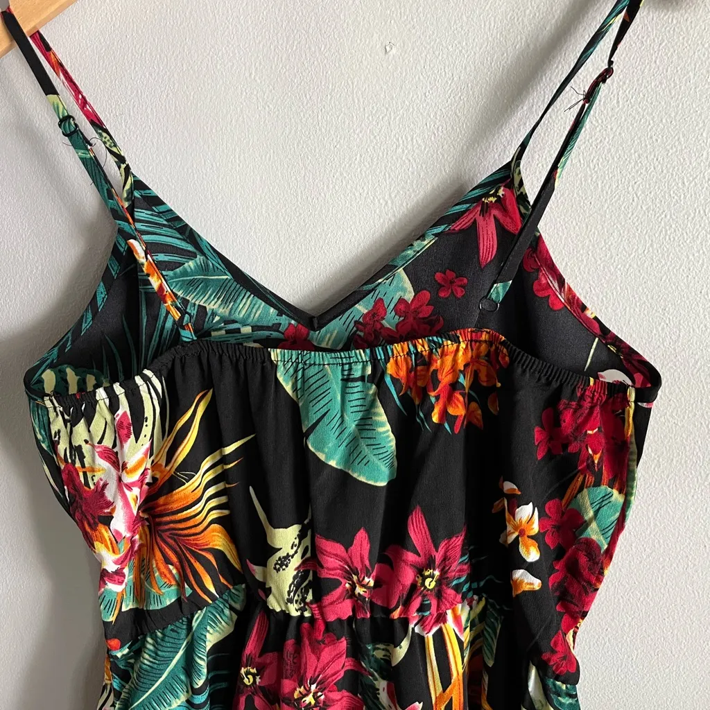 Tropical Floral Mini Dress Black Spaghetti Strap V Neck Beach Vacation - Image 7
