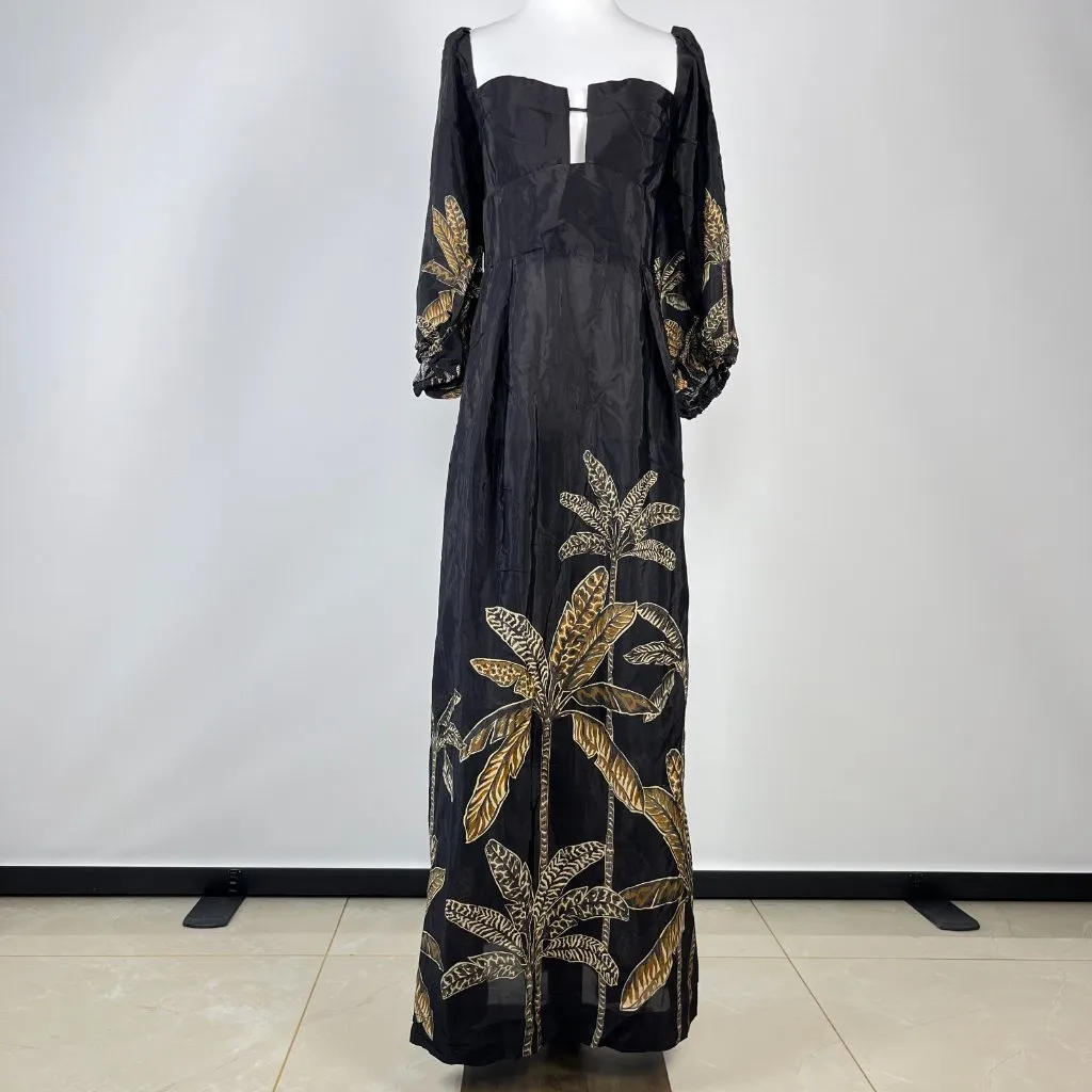 NWOT Farm Rio Maxi Dress Size M Black Print Puff Sleeves Plant Short Sleeve - Image 5