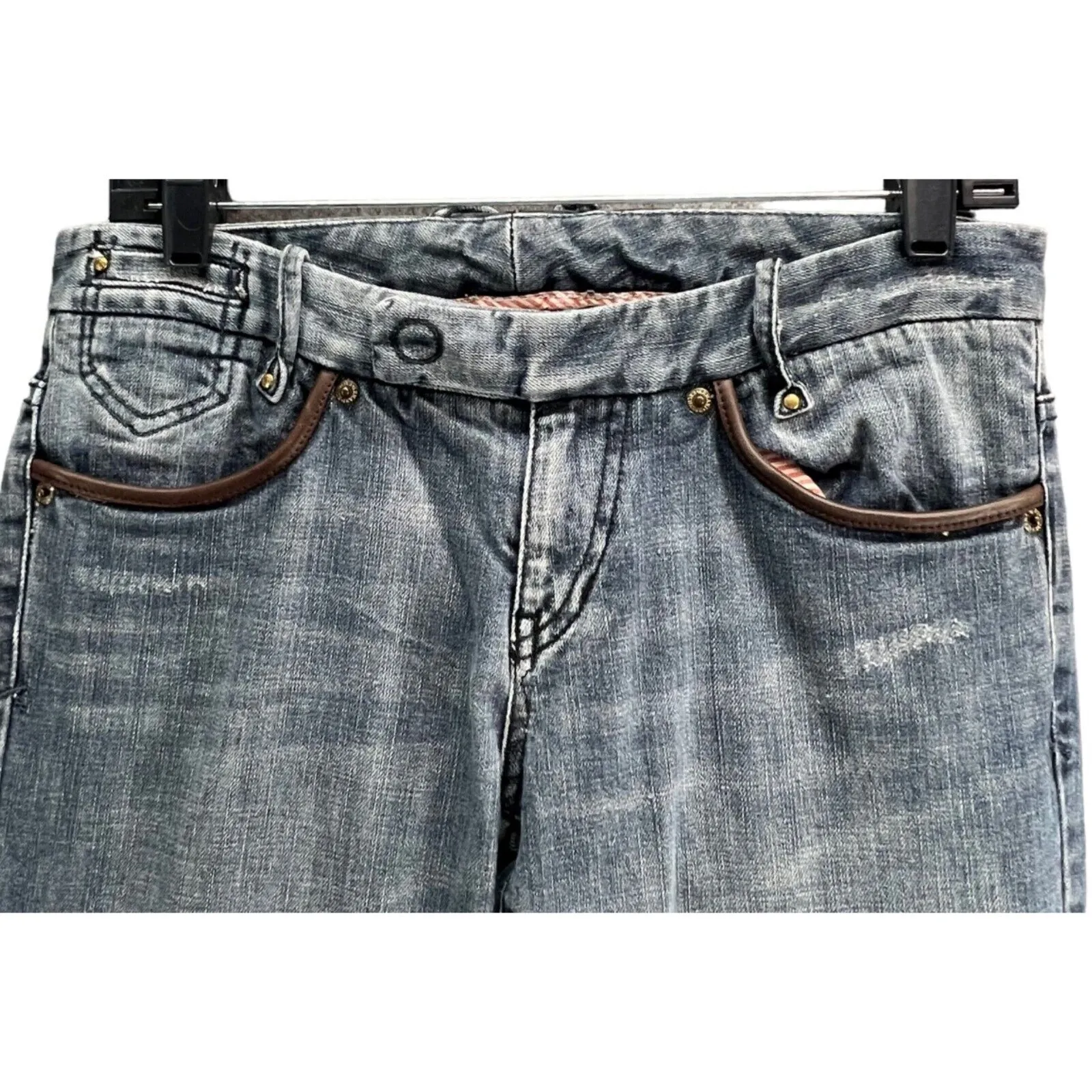 Armani Exchange Y2K Jeans 6 Blue Bootcut Leather Trim Low Rise Stretch Grunge - Image 3