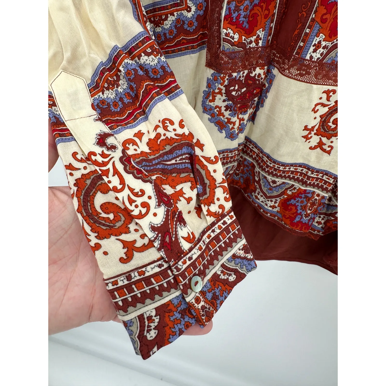 Tiny Rust Red Nahara Paisley Print Blouse‎ V-Neck High Low Top Shirt Women XS - Image 6