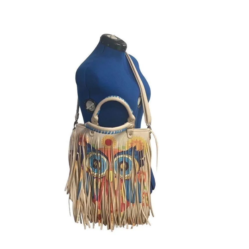 Retro Hippie Fringe With Psychedelic Owl Design‎ Crossbody Shoulder Tote ￼14X13 Blue - Image 3