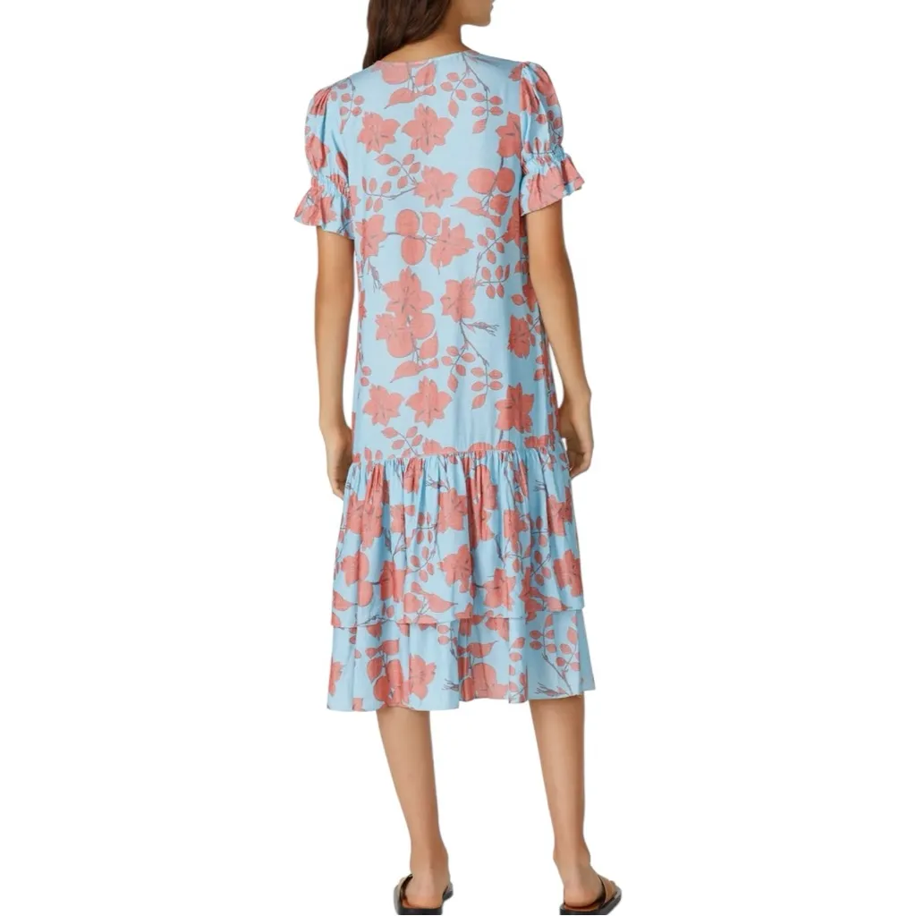 Lobo Rosa Botones Floral Print Dress size Medium Short Sleeves Tiered Midi Blue - Image 2