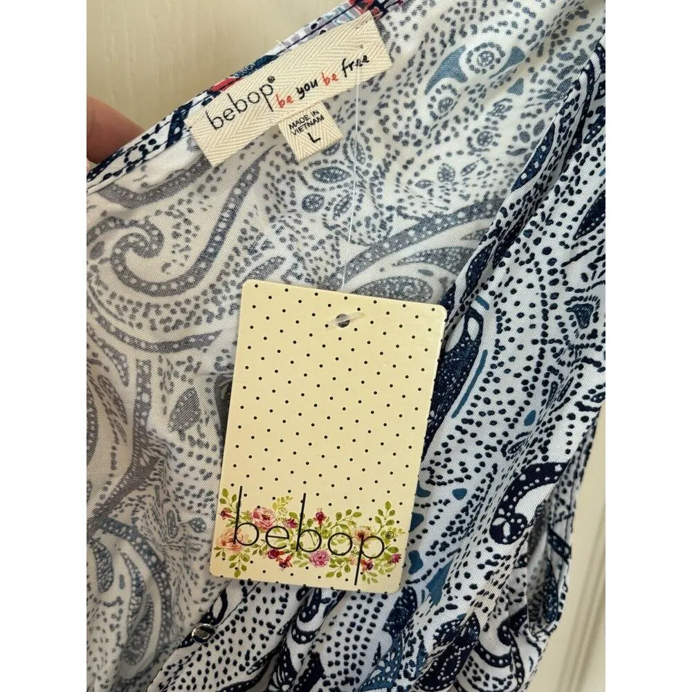 NWT BeBop Sleeveless Short Romper Blue/White Paisley Boho Tassles Juniors Large - Image 5