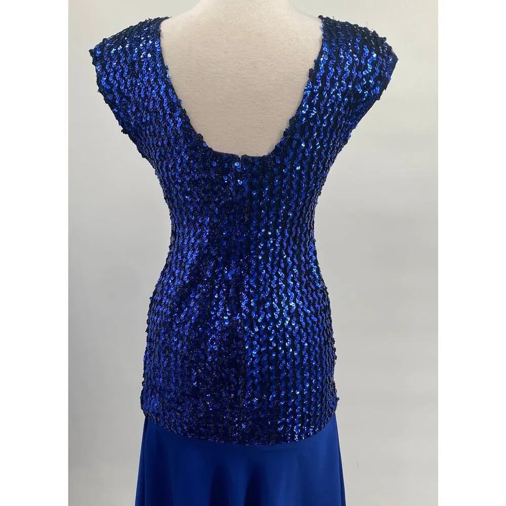 Vintage 70s 80s Sequin Chiffon Hem Midi Dress Cocktail Cobalt Blue Womens Small - Image 9