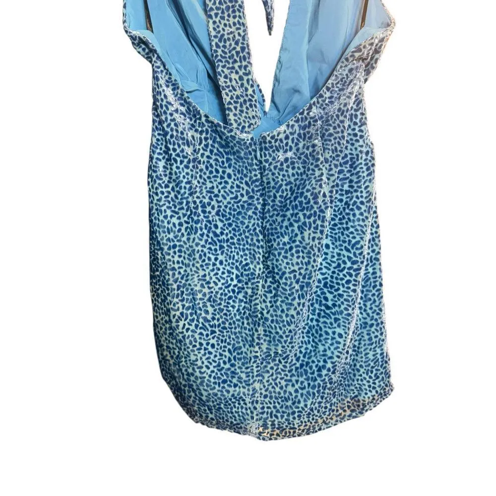 NEW NBD x Revolve Pari Mini Dress Blue Halter Flocked Animal Print Sz Small - Image 8