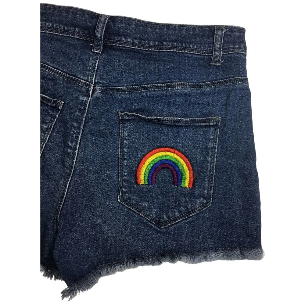 ModCloth Womens Small Jean Shorts Raw Hem High Rise Rainbow Embroidery Blue - Image 11