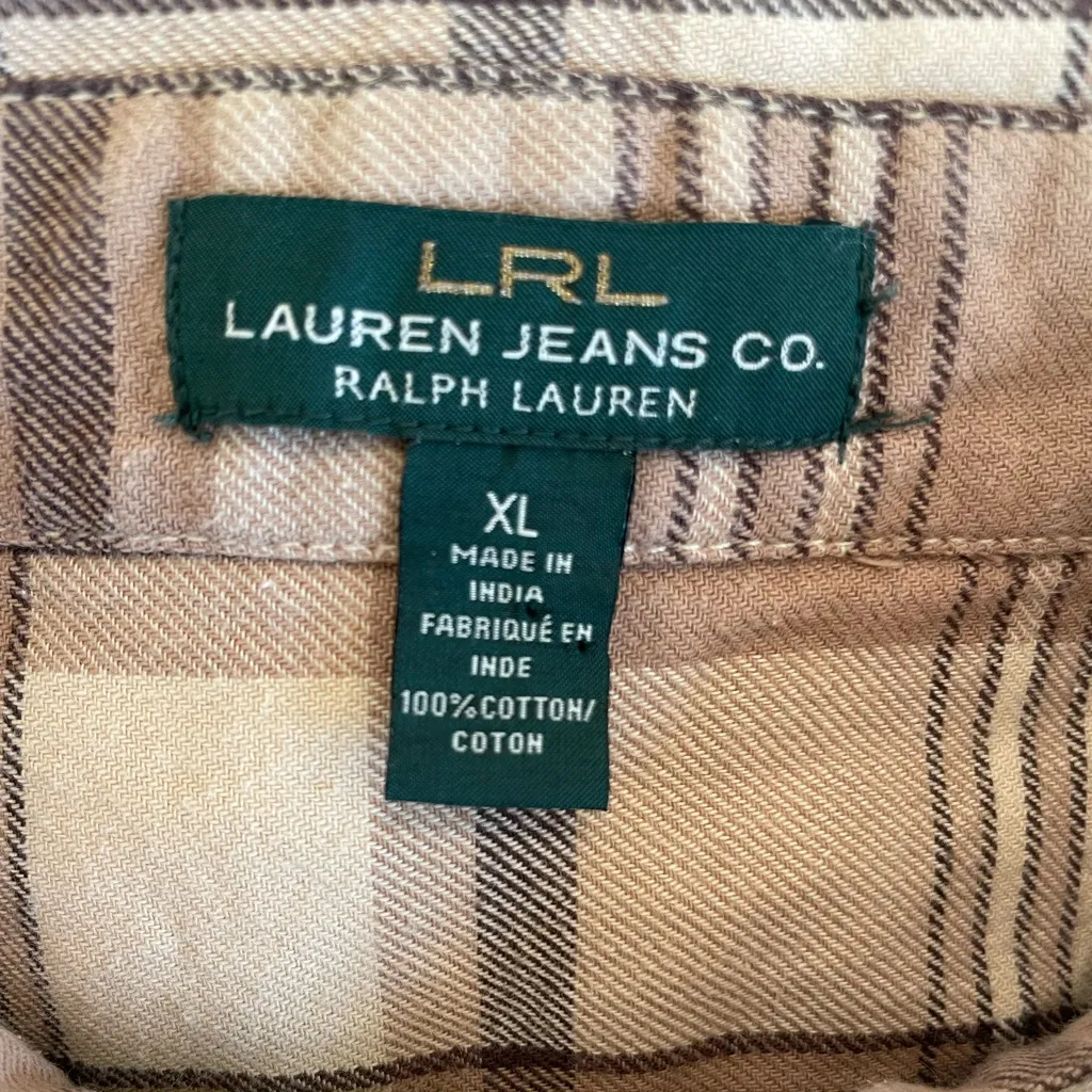 Vintage Ralph Lauren Jeans Co Flannel Plaid Cotton Shirt in Brown and Cream - Image 5