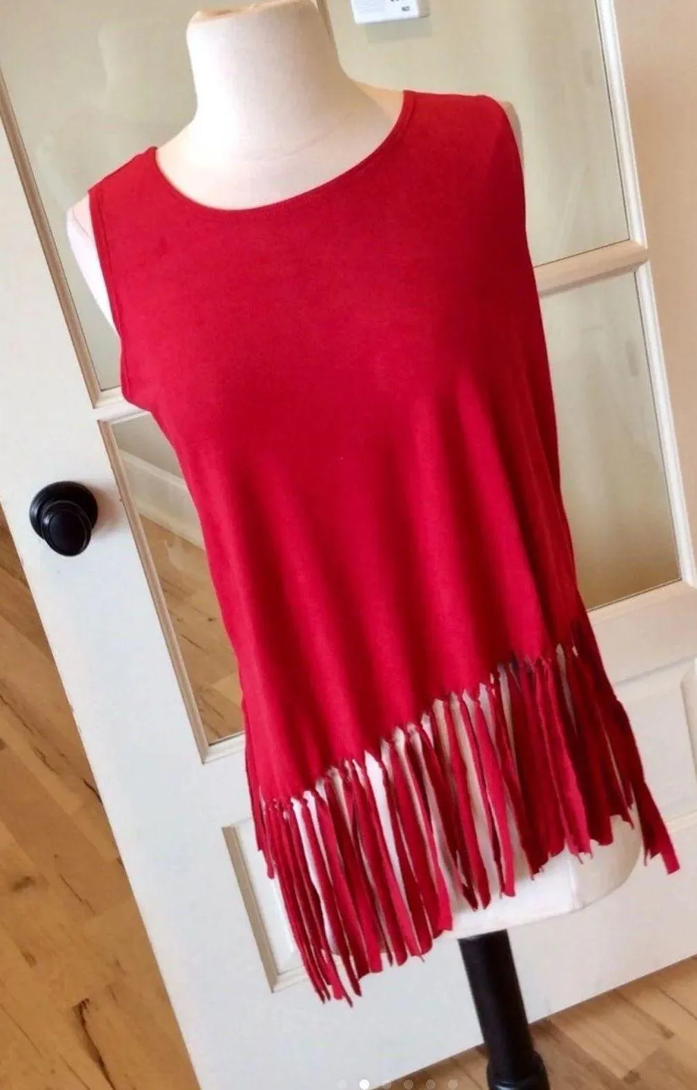 Red Top Coverup Tank Fits S M L Shirt Fringe Size L - Image 2