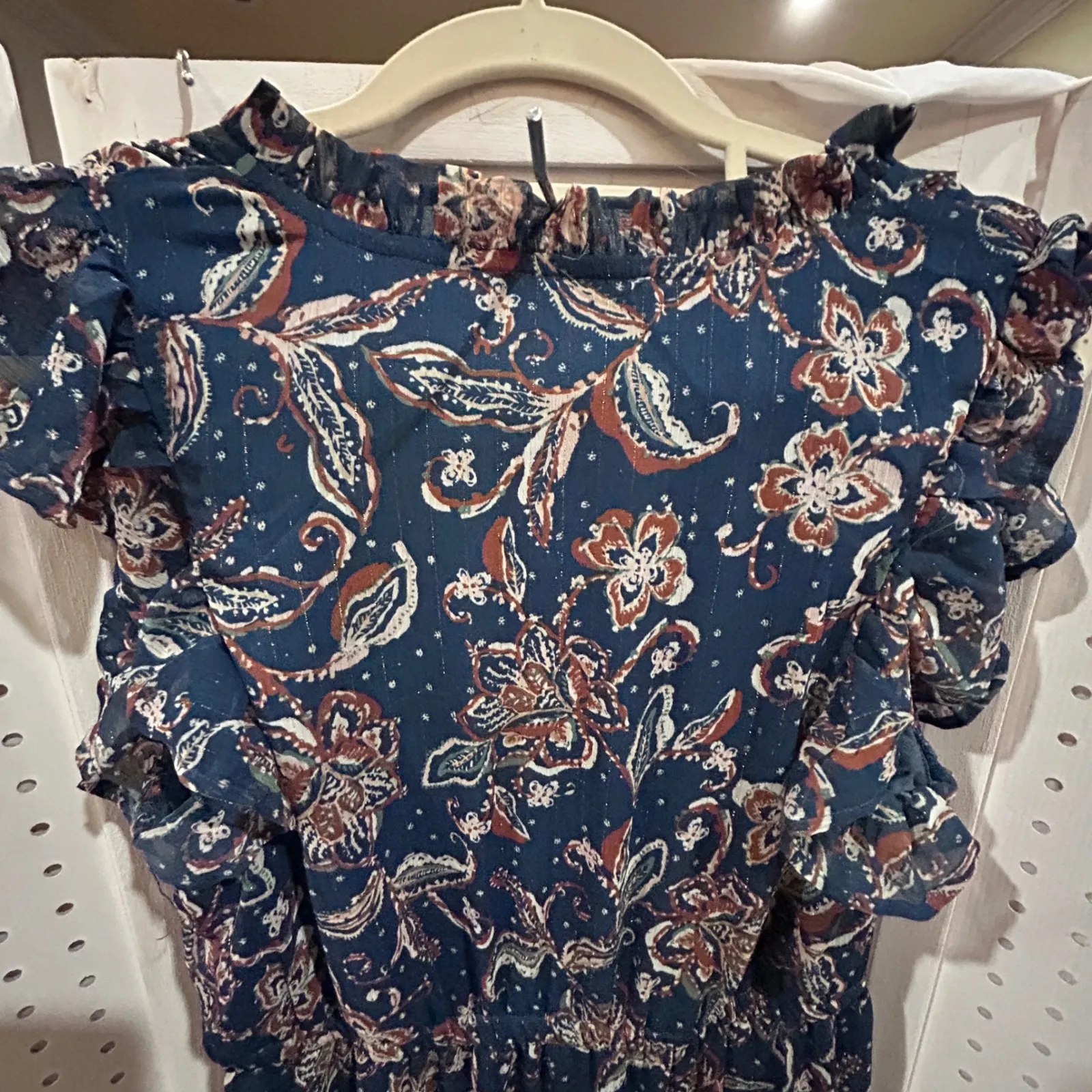 Lucky Brand Floral Print Maxi Dress Ruffle Neck Tie V Neck Short Sleeve Blue M - Image 8