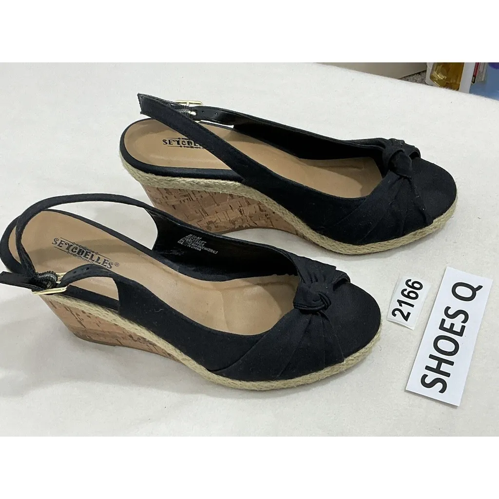 Womans Seychelles Willshire Wedge Black Fabric Peep Toe Cork Heel Sandal 8.5 M - Image 2