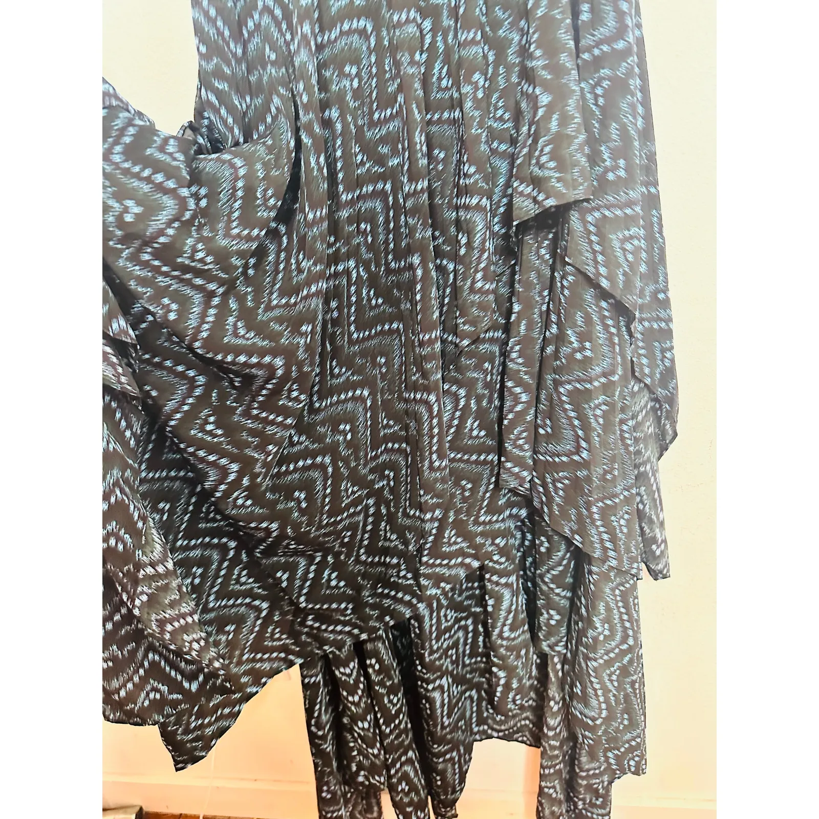 A.L.C. Blue Black Printed 100% Silk Scoop Neck Tiered Skirt Kylia Dress size 0 - Image 9