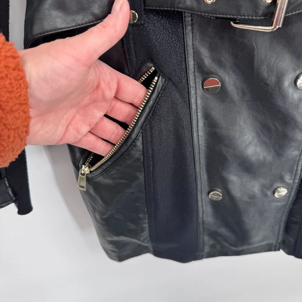 River Island Moto Jacket Womens 6 Black Faux Leather‎ Faux Fur Trim Belt Pockets - Image 4