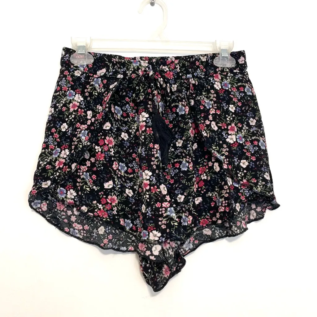 AMERICAN EAGLE AE Tulip Runner Shorts Black Pink Floral Pull On Drawstring Flowy - Image 3