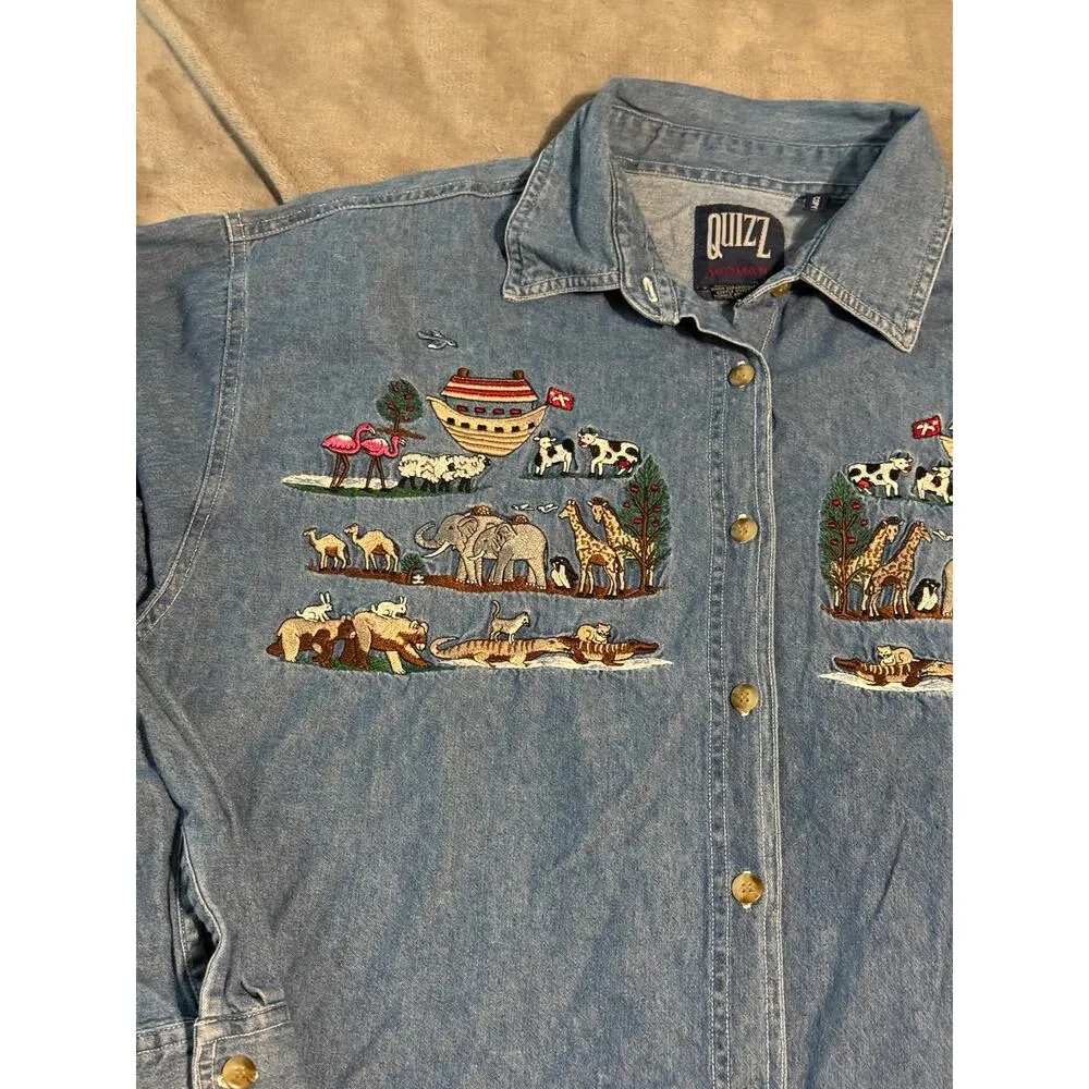Quizz Shirt Women Size 22 Vintage Noah's Ark Scene Button Up Cotton Embroidery‎ Blue - Image 3