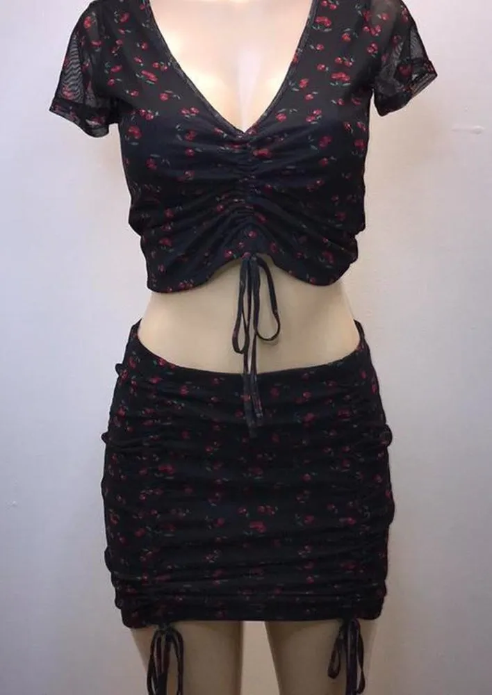 J for Justify Size Medium Cherries Print Mesh 2-Piece Crop Top & Skirt Set. New. - Image 1