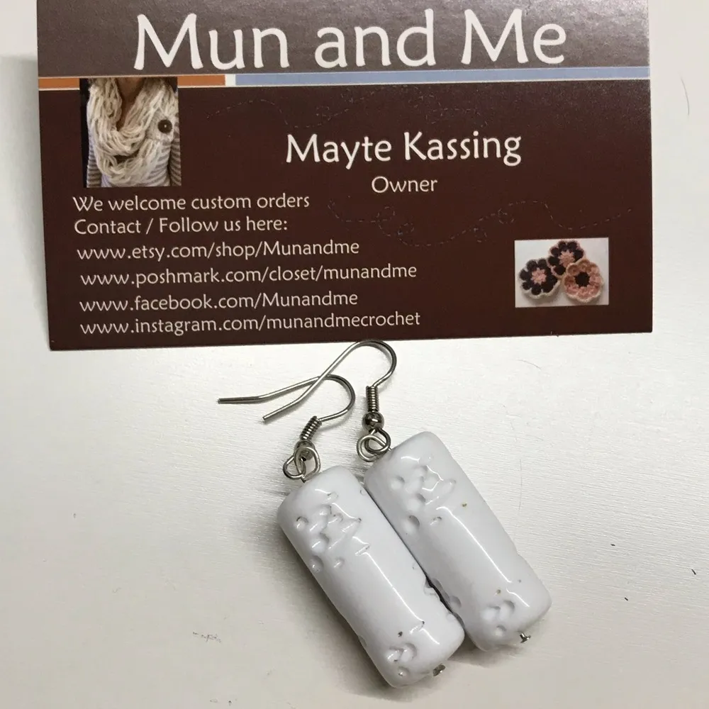 White cylinder dangle earrings handmade MunandMe - Image 2