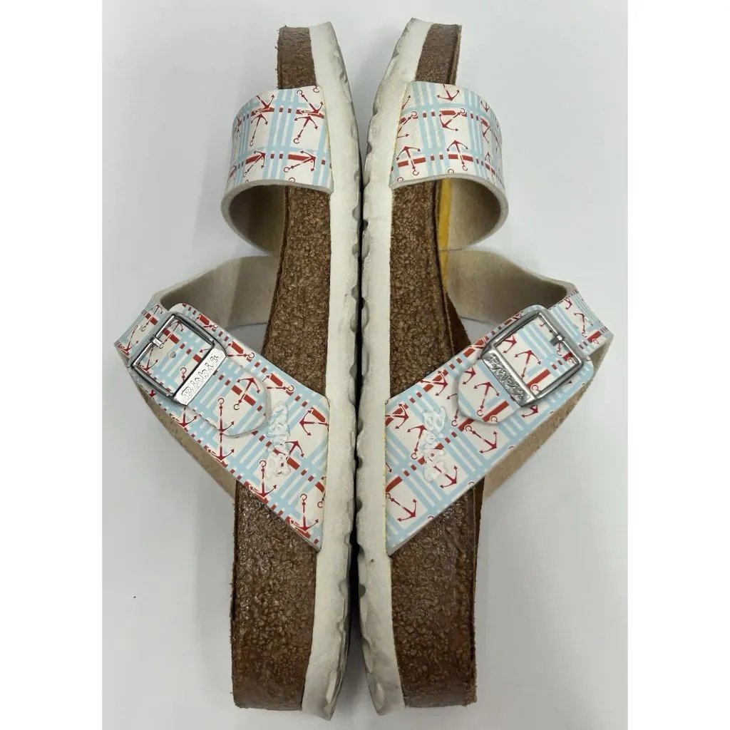 Birkenstock Birkis Anchor Print Sandals Slides Size 38 Women 7 Nautical Coastal - Image 7