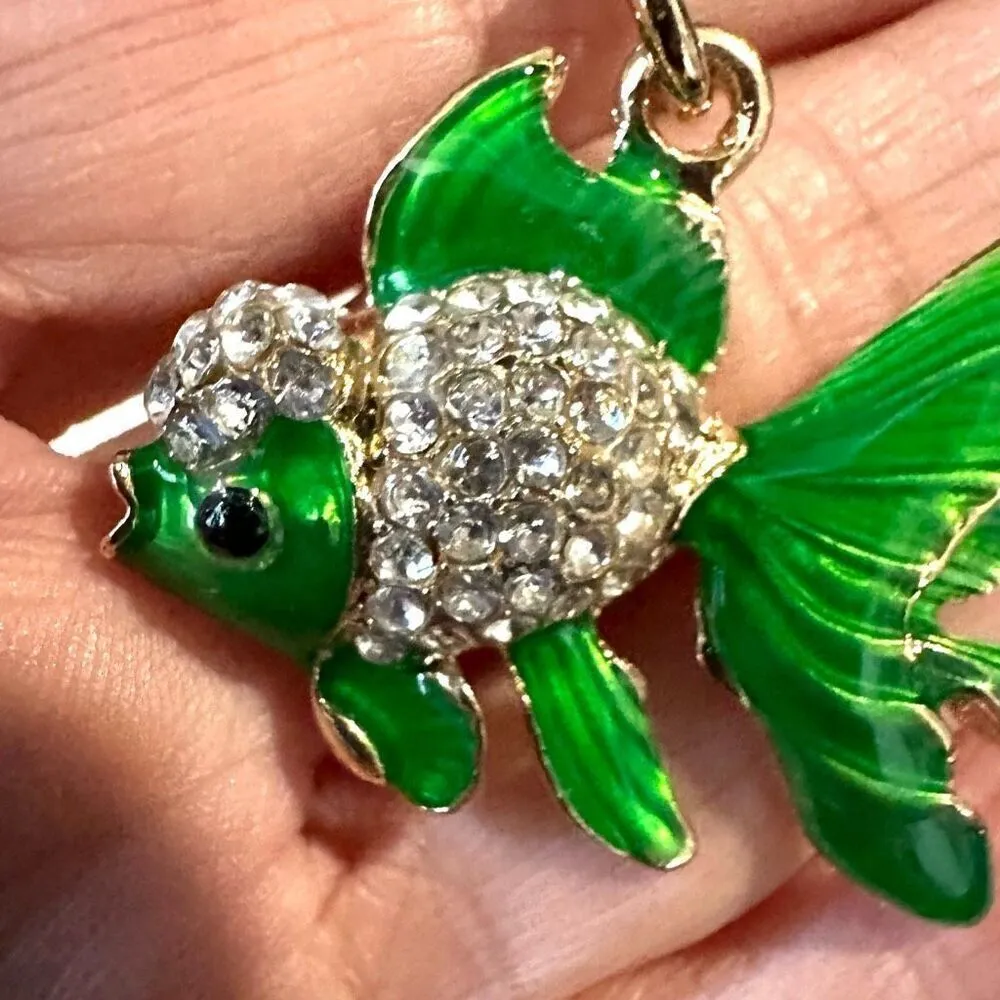 Green rhinestone fish keychain Gold - Image 7