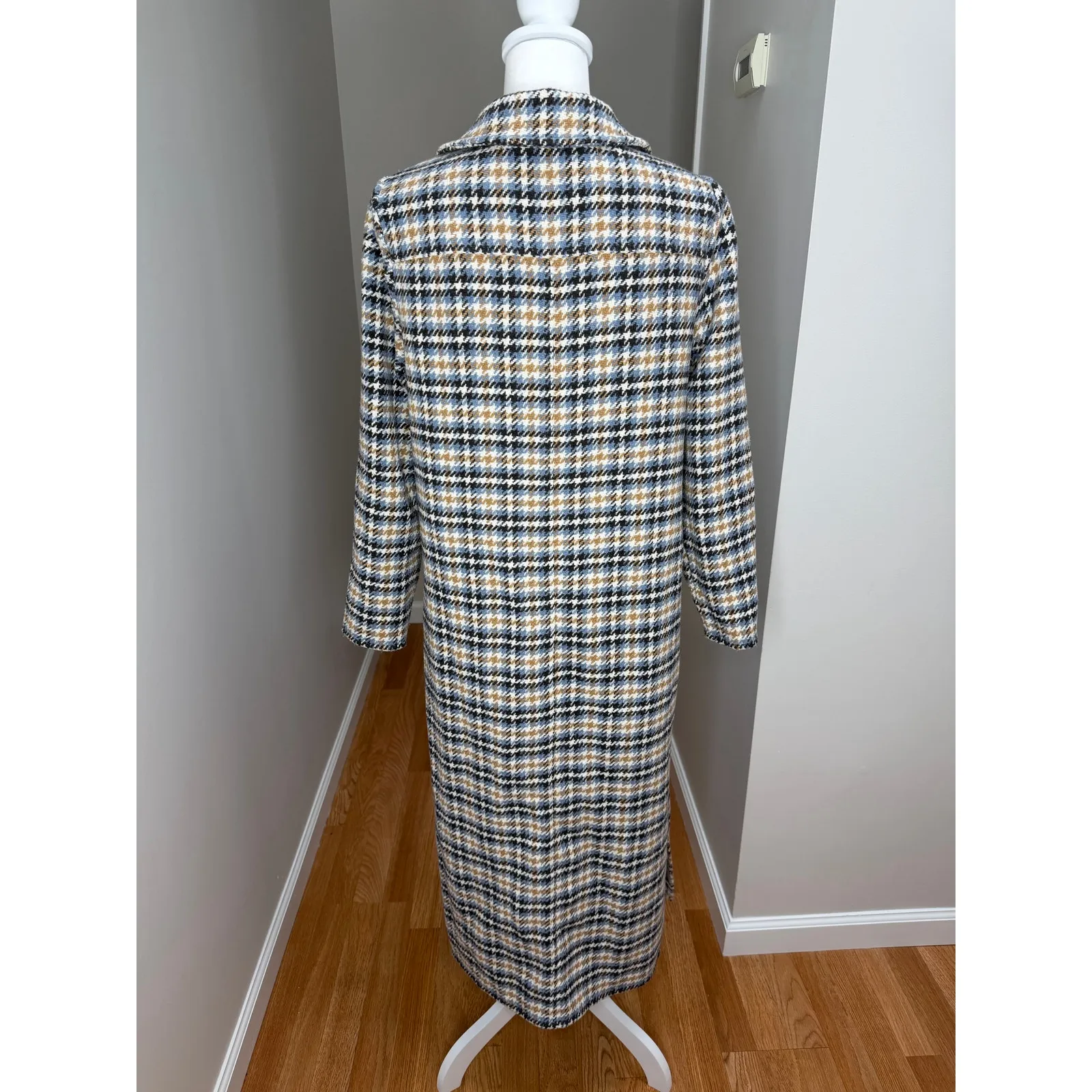 Code x Mode Houndstooth Trench Coat Womens Medium Cream Blue Open Front No Belt - Image 5