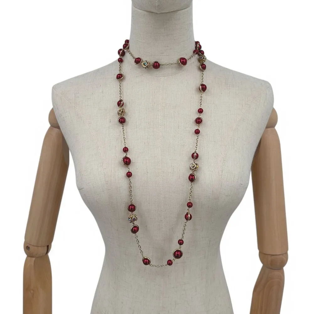 Coldwater Creek Long Rope Chain Necklace Red Simulated Pearl and Rhinestone - Image 2