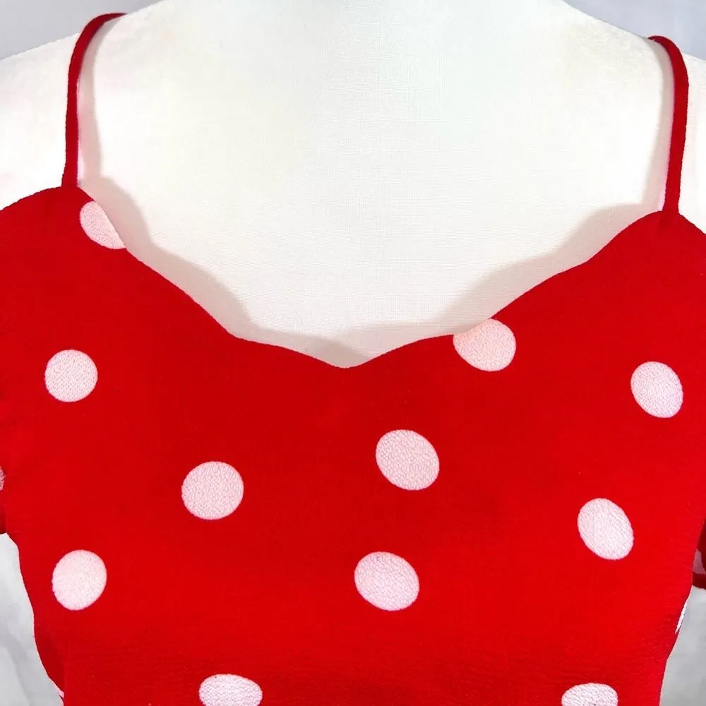 Red and white polka dot off shoulder scallop top size small - Image 3