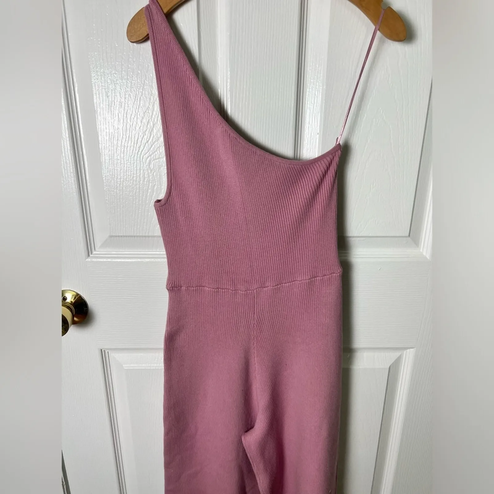 Free People Pink Cotton Blend One Shoulder Ribbed Waverly Sweater Jumpsuit S - Image 4