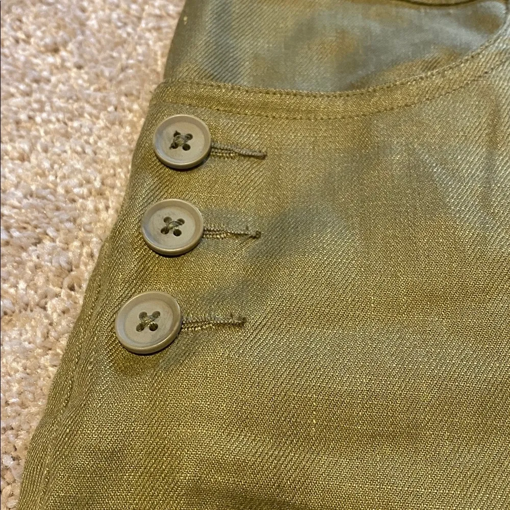 Cabi Linen Iridescent Olive Green Sailor Button Detail Wide Leg Pants Size 10 - Image 7