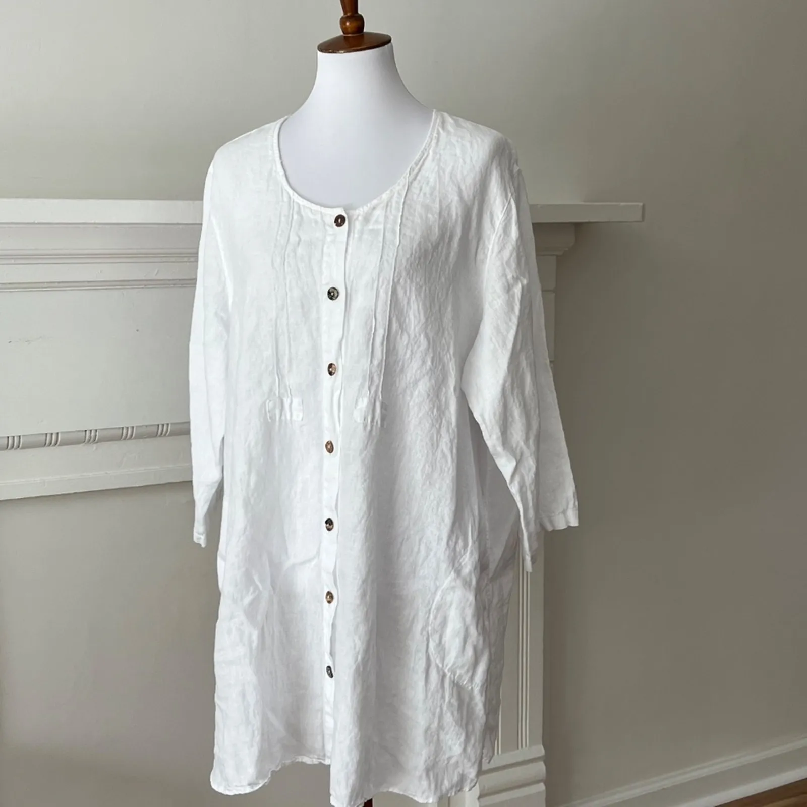 White Linen Top Vintage 1X Plus Size Shirt Lagenlook Tunic Blouse Relaxed Resort - Image 4