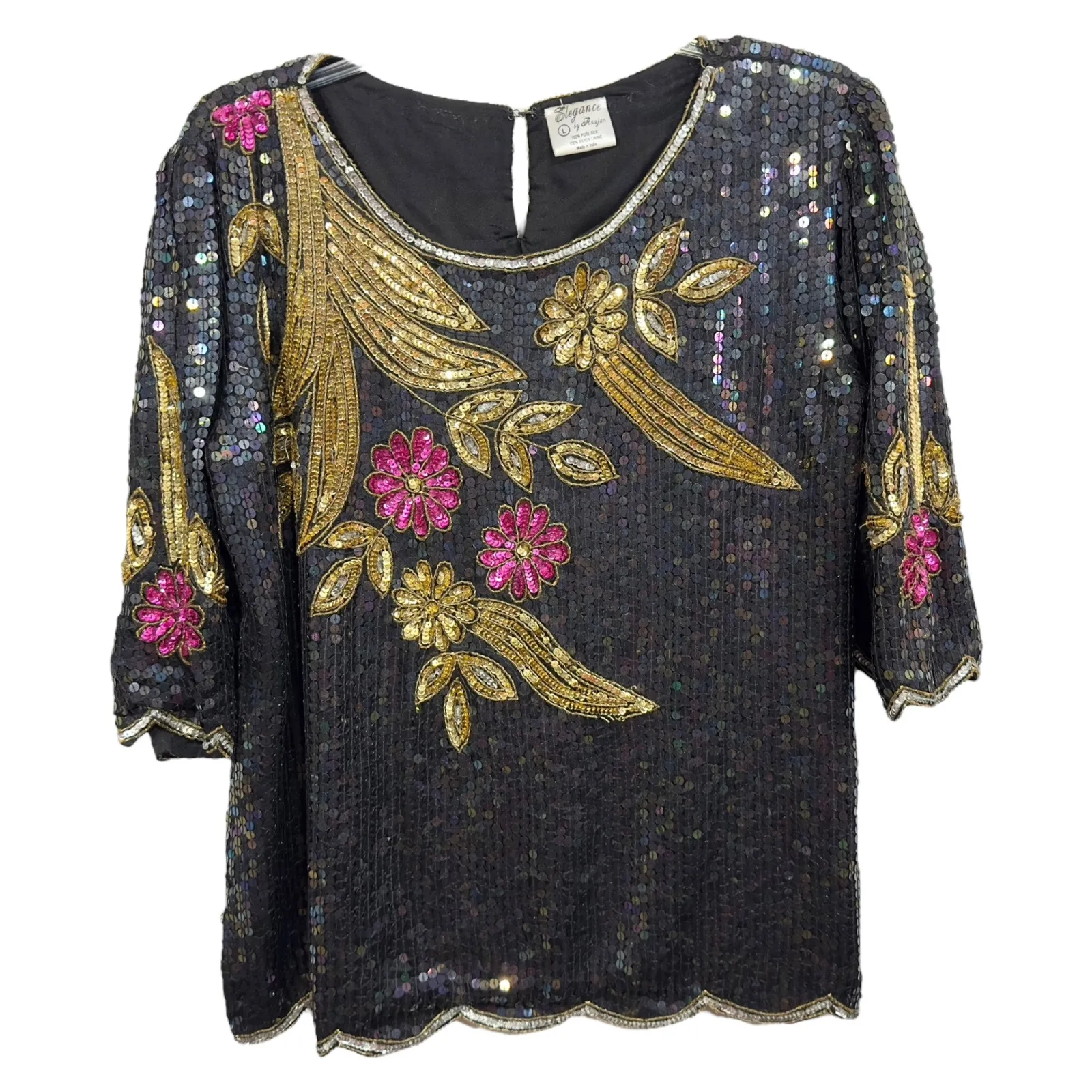 VTG 80s Elegance Sequin Top‎ Large Floral Beaded Party Blouse Black Gold 103 - Image 2