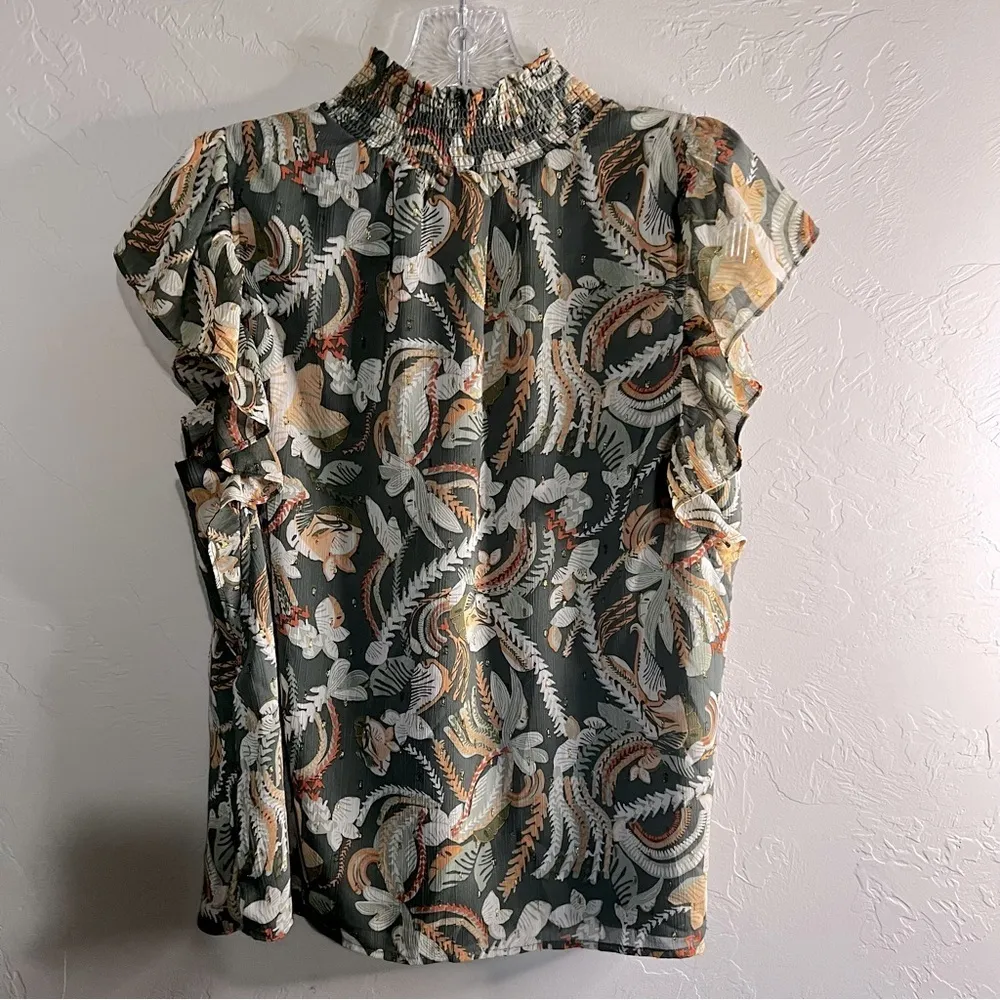 Joie Green Paisley Floral Flutter Sleeve Smock Neck Blouse‎ - Image 9