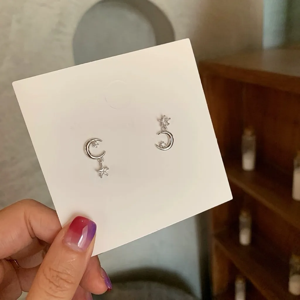 Asymmetry Moon Star Dangle Drop Earrings for Women Silver - Image 2