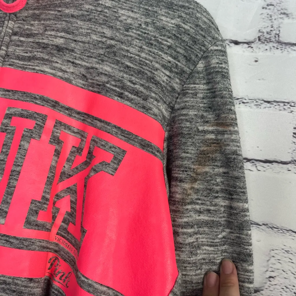 PINK Gray Heather Neon Coral Colorblock Half Zip Hoodie Women’s M Sweatshirt Y2K - Image 8