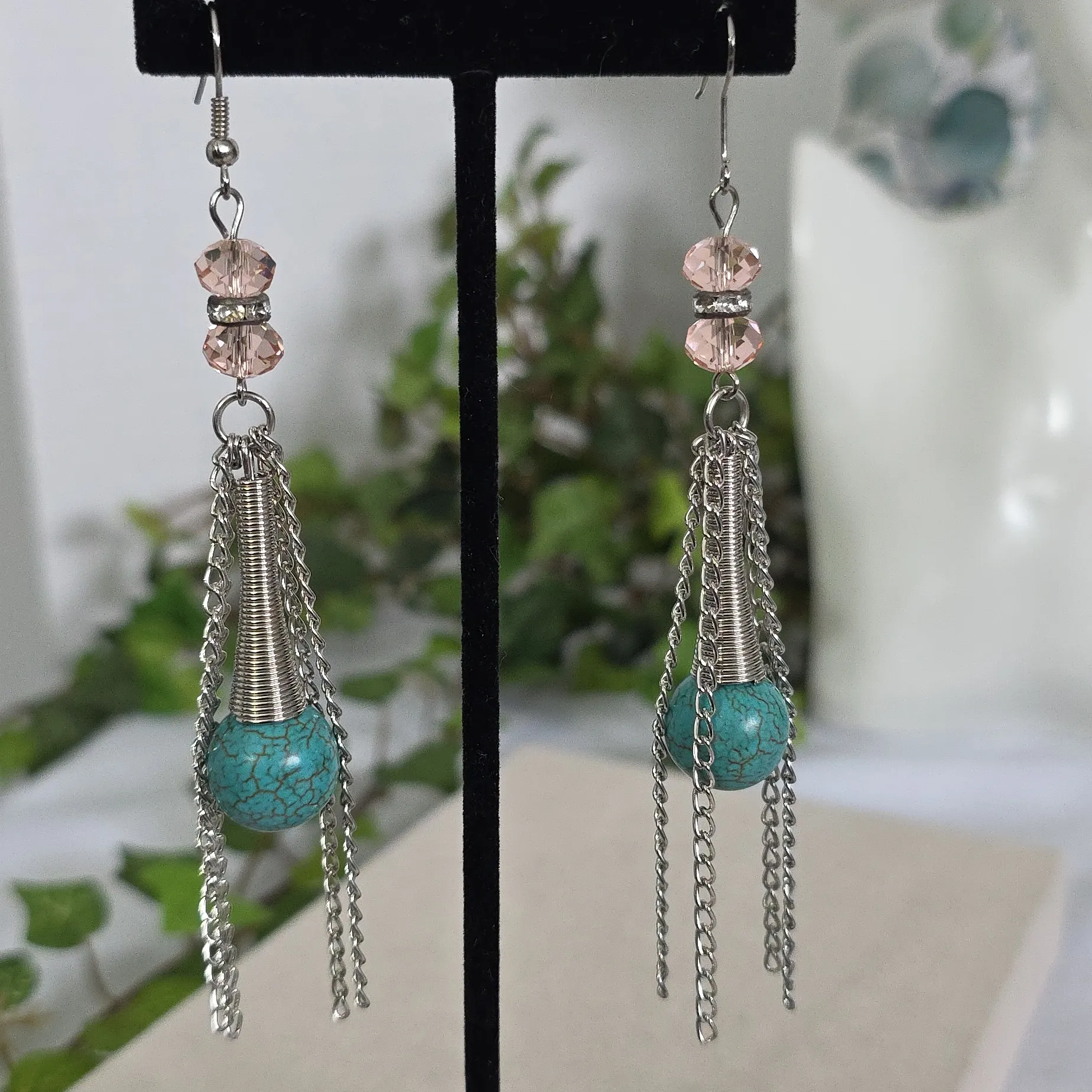 Silver Dangle Earrings With Turquoise Stone and Glass Beads - Image 2