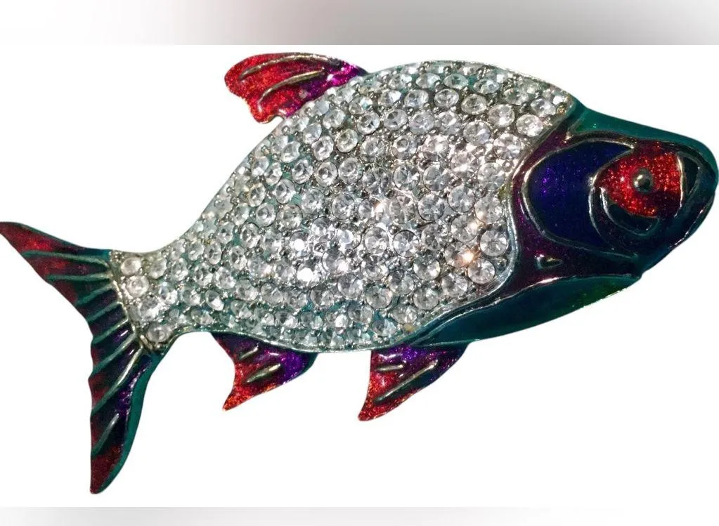 Rare Vintage Crystal Rhinestone Fish Brooch Red Purple Enamel Statement Pin 3.5” Blue - Image 12