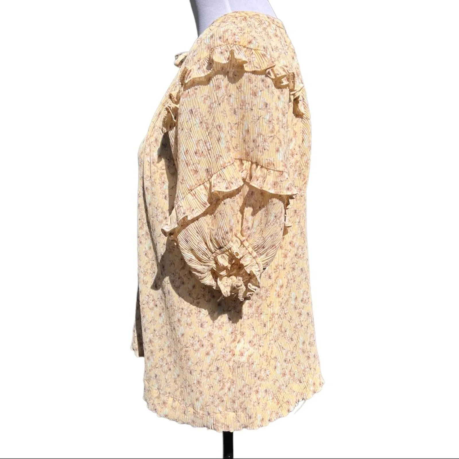 Robertson Rodeo Yellow Floral Blouse S Ruffle Sleeves, Tie Front, Cottagecore - Image 2